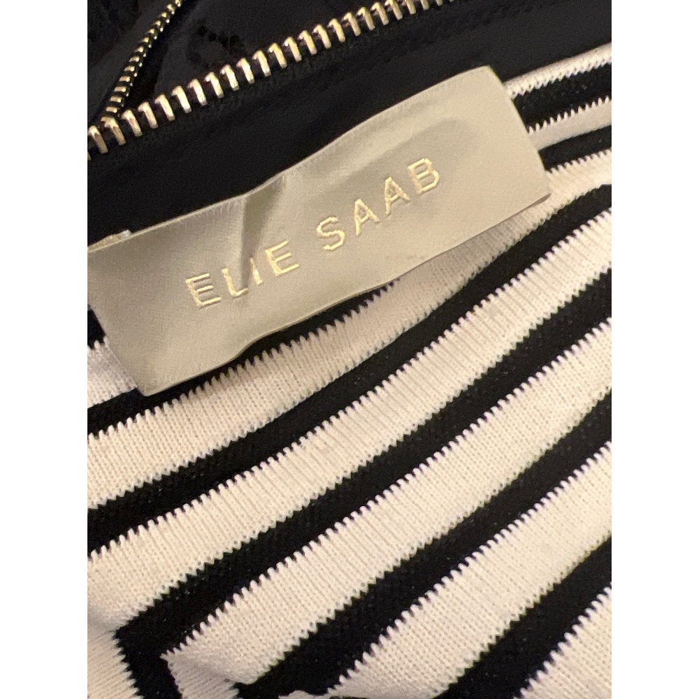 ELIE SAAB Floral Lace Knitted Long Sleeve Dress Black White Striped Chain Collar - Picture 14 of 16